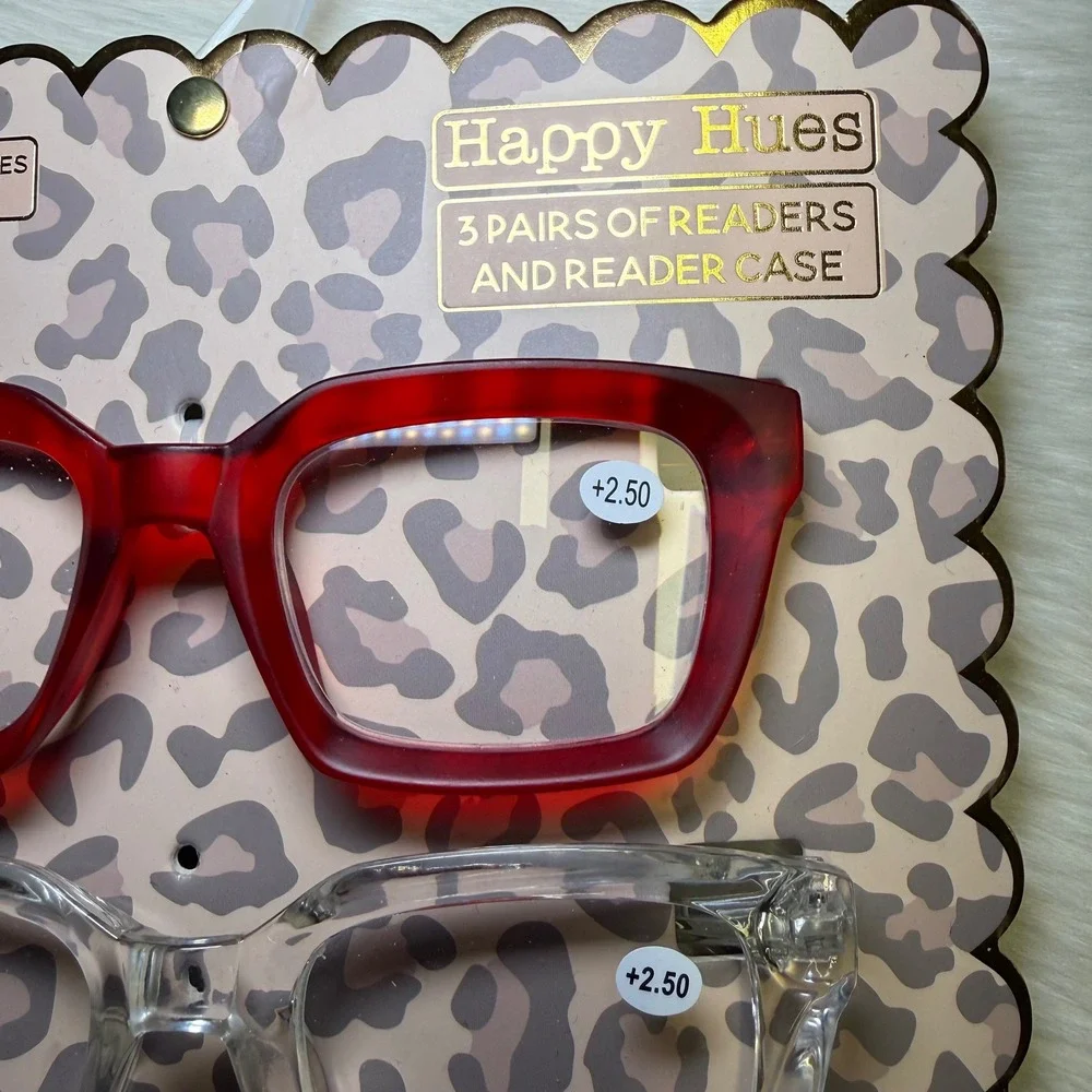 Happy Hues 3 Pack Reading Glasses +2.50 Blue Light Filtering Red‎ Clear Tortoise
